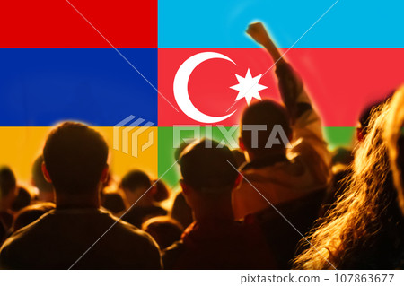 Conflict war between Armenia and Azerbaijan over Nagorno-Karabakh. Let's stop the war. Azerbaijan and Armenia conflict. Country flags on flame background. Out of focus Conflict war between Armenia and Azerbaijan over Nagorno-Karabakh. Let's stop the war. Azerbaijan and Armenia conflict. Country flags on flame background. Out of focus 107863677