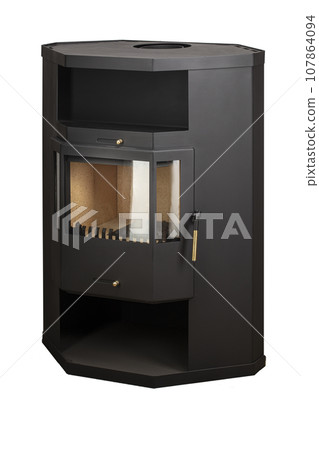 Modern fireplaces for heating from metal and heat-resistant glass. Boiler for solid fuel isolated on white background. 107864094