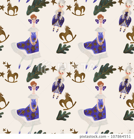 Watercolor seamless patern with girls, dolls and stars. Christmas wrapping paper. Children's toy. A Christmas gift. Raster illustration for packaging, greeting cards, gifts 107864551