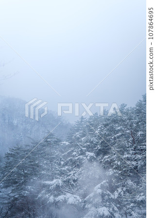 mountain covered in fog 107864695