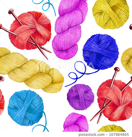 watercolor seamless pattern with colored skeins for knitting. cute, bright print on the topic of knitting, crocheting, needlework, made by hand. blue, red, yellow, purple balls of yarn on a white 107864805