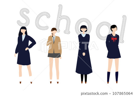 四名高中女生穿著不同的冬季制服 四名高中女生穿著不同的冬季制服 107865064