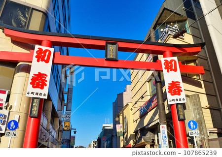 Komachi Street in early spring shining against the blue sky (Kamakura City, Kanagawa Prefecture) 107865239