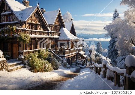 The roofs of the wood houses and street are covered in snow, Christmas scene, photo realistic, AI generated 107865390