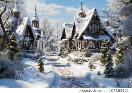 The roofs of the wood houses and street are covered in snow, Christmas scene, photo realistic, AI generated 107865391