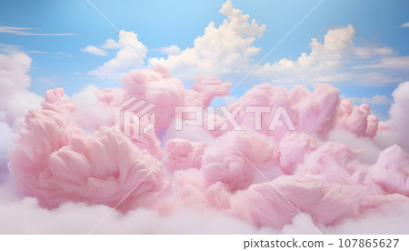 Panoramic view of colorful pink and blue pastel fluffy clouds and sky 107865627