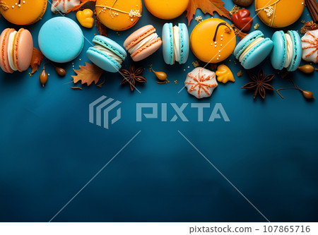 Yellow, blue, beige, pink macaroons on dark blue turquoise background Yellow, blue, beige, pink macaroons on dark blue turquoise background 107865716