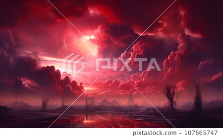 Crimson sky because of global warming, Armageddon or end of the world, doomsday 107865747