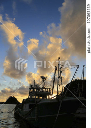 一艘停泊在港口的船 107865889