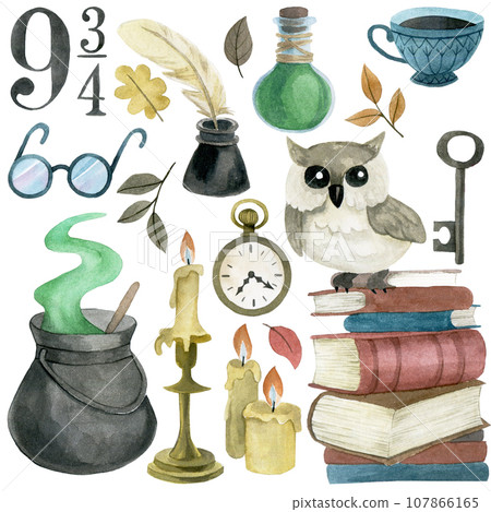 watercolor drawing. a set of magical, witchcraft things. school of witchcraft and magic wizard. cute drawing for kids	 107866165