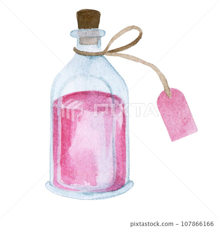 Watercolor drawing, rose potion in a vintage bottle. love potion, witchcraft, magic	 107866166
