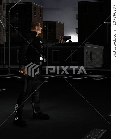 Male Soldier of Fortune Standing on a Dark City Street Male Soldier of Fortune Standing on a Dark City Street 107866277