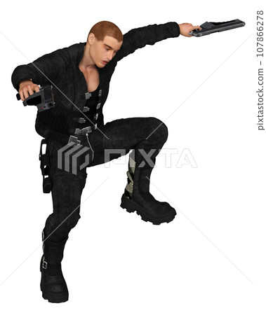 Male Soldier of Fortune Leaping with Two Guns 107866278