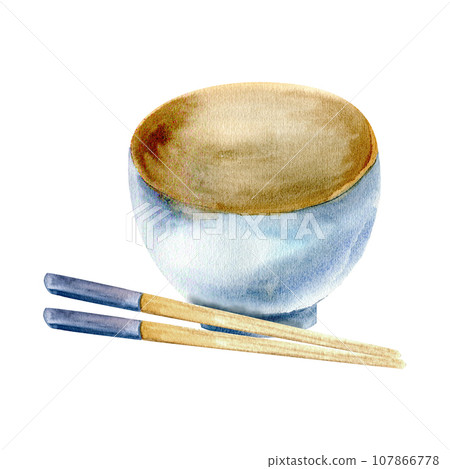 Watercolor blue ceramic traditional asian bowl for poke, rice , soup and chopsticks. Plate for eating. Hand drawn isolated illustration. 107866778