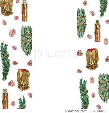 A elongated frame made of divination elements: herbs for fumigation, candles, stones with runes. All elements are hand-painted in watercolor on a white background. For printing, paper, invitations A elongated frame made of divination elements: herbs for fumigation, candles, stones with runes. All elements are hand-painted in watercolor on a white background. For printing, paper, invitations 107866833