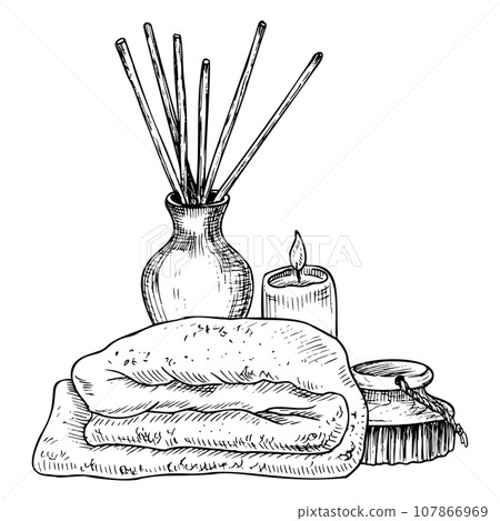 Spa cosmetic with towel and diffuser. Hand drawn vector illustration of bodycare products for massage in black and white colors. Drawing of skin care toiletries. Linear beauty eco composition. 107866969