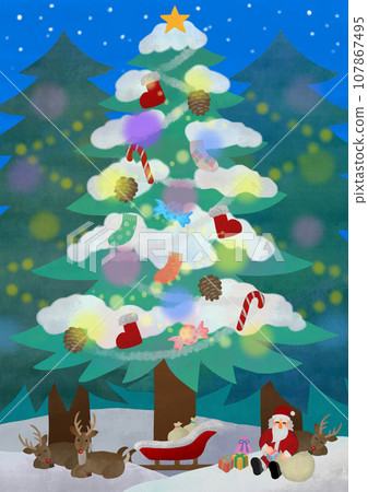 聖誕素材：雪樹下的聖誕老公公與紅鼻子馴鹿 107867495