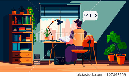 blind man reading with braille alphabet people with disabilities concept living room interior horizontal 107867539