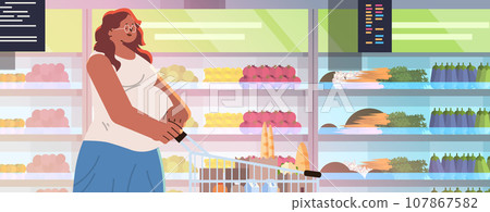 happy pregnant woman future mom pushing shopping cart with groceries pregnancy motherhood expectation concept grocery store interior 107867582