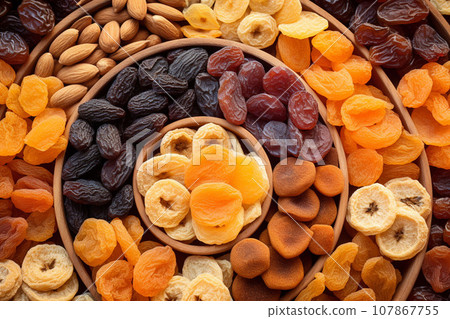 Various dried fruits and mix nuts 107867755
