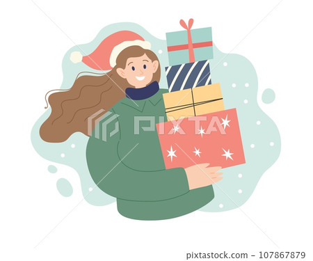 Woman with Christmas presents. Festive winter concept. Vector illustration in simple style Woman with Christmas presents. Festive winter concept. Vector illustration in simple style 107867879