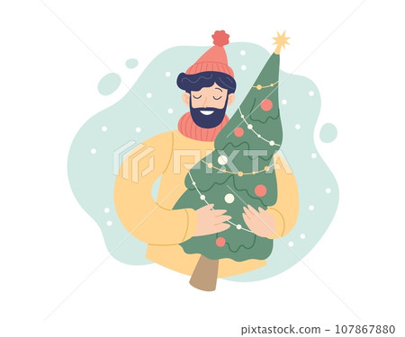 Man holding Christmas tree. Festive winter concept. Vector illustration in simple style Man holding Christmas tree. Festive winter concept. Vector illustration in simple style 107867880