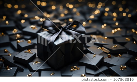 Gifts in black boxes with ribbon, sales season concept, Black Friday, Cyber Monday. Flyer banner Gifts in black boxes with ribbon, sales season concept, Black Friday, Cyber Monday. Flyer banner 107868816