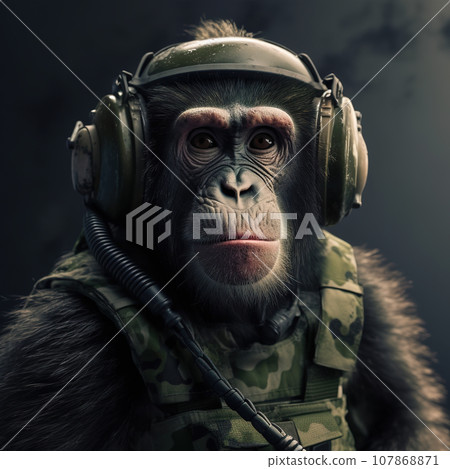 Portrait of a monkey dressed in a tactical military outfit on a clean background. Wildlife Animals. Illustration, Generative AI. Portrait of a monkey dressed in a tactical military outfit on a clean background. Wildlife Animals. Illustration, Generative AI. 107868871