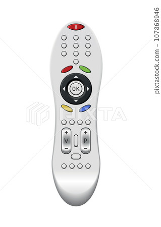 Tv remote control design with buttons. Wireless power media device to switch channel programmes remotely. Universal controller of technology equipment, isolated vector illustration Tv remote control design with buttons. Wireless power media device to switch channel programmes remotely. Universal controller of technology equipment, isolated vector illustration 107868946