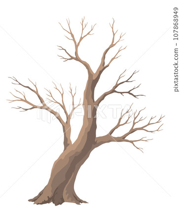 Old dead tree, rough spooky bark, dry naked branch silhouette. Vector scary forest, leafless trunk. Nature ecology problems concept. Winter or autumn season plants icon isolated 107868949