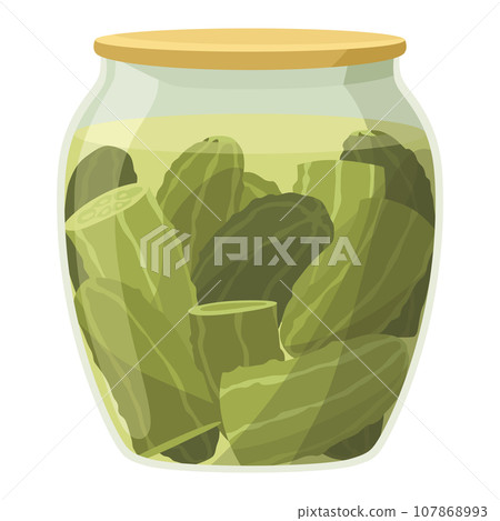 Homemade pickled cucumber. Clip-art of marinated food for packaging, label, menu, signboard or showcase. Fermented veggies, crunch gherkin with salt. Healthy vegetarian food 107868993