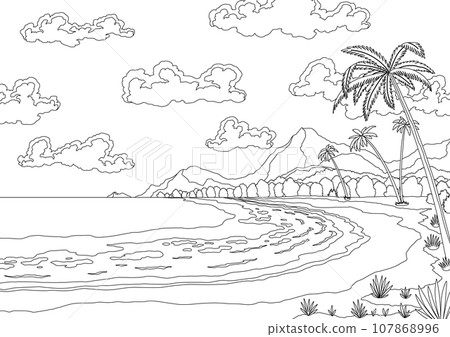 Beach landscape with palm trees, shore, water and sky, clouds in coloring style. Beautiful seaside tropical banner. Summertime vacation on sea coast, vector illustration Beach landscape with palm trees, shore, water and sky, clouds in coloring style. Beautiful seaside tropical banner. Summertime vacation on sea coast, vector illustration 107868996