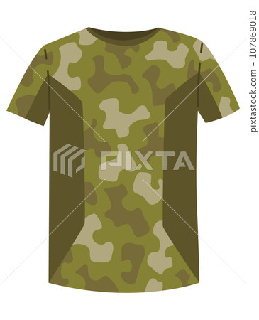 Military clothes, equipment for soldier. Woodland camouflage style, isolated icon. Isolated t-shirt. Flat cartoon, vector illustration Military clothes, equipment for soldier. Woodland camouflage style, isolated icon. Isolated t-shirt. Flat cartoon, vector illustration 107869018