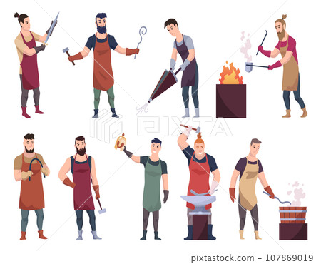 Blacksmith workers. Craftsmanship making steel tools. Character with hammer making goods in foundry workshop. Workers making some items. Vector cartoon person 107869019