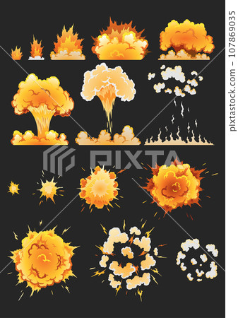 Explosion animation effect for game, separate frames. Burst explosion in cartoon style. Bomb or bang. Vector isolated illustration Explosion animation effect for game, separate frames. Burst explosion in cartoon style. Bomb or bang. Vector isolated illustration 107869035