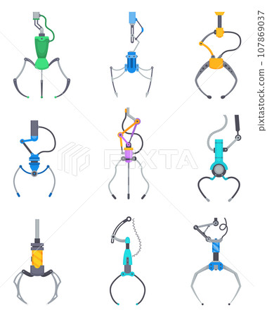 Mechanical claw grippers. Mechanical robotic grips. Arm arcade game hooks for prizes technological mechanisms for transfer goods. Grip robotic claw in factory. Vector illustration Mechanical claw grippers. Mechanical robotic grips. Arm arcade game hooks for prizes technological mechanisms for transfer goods. Grip robotic claw in factory. Vector illustration 107869037