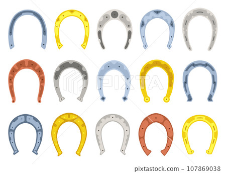 Horseshoes icon set. Decorative design element, shoes for horses. Vector illustration on white background 107869038