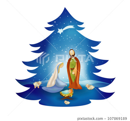 Christmas tree nativity scene with holy family on blue background. Bethlehem Christmas tree nativity scene with holy family on blue background. Bethlehem 107869189