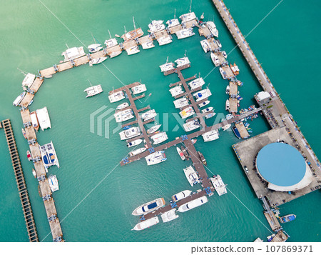 Aerial view of Chalong Pier in Phuket, Thailand. 107869371