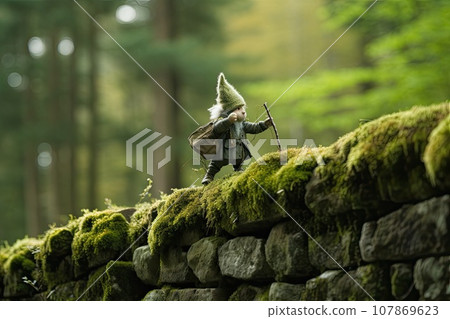 Small forest gnome - guardian of the forest. He walks through the forest inspecting his possessions. Small forest gnome - guardian of the forest. He walks through the forest inspecting his possessions. 107869623