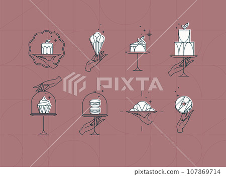 Desserts on cake stand labels art deco coral Desserts on cake stand labels art deco coral 107869714