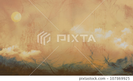 Fantastic landscape illustration of ruins and full moon - orange color Fantastic landscape illustration of ruins and full moon - orange color 107869925