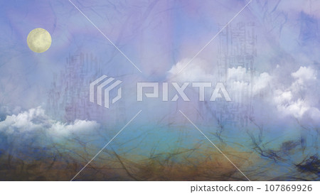 Fantastic landscape illustration of ruins and full moon - blue color Fantastic landscape illustration of ruins and full moon - blue color 107869926
