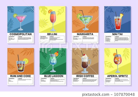 Drinks posters. Alcohol beverage recipe. Whiskey glass. Cosmopolitan and Margarita summer cocktails. Negroni and Irish coffee cup. Pub menu tidy template. Minimalistic retro bar banners vector set 107870048