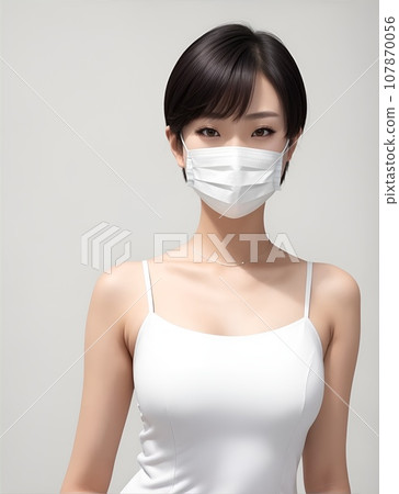 Upper body of a short-cut woman wearing a mask 107870056
