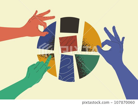 Idea concept. Team together, community hands, creative people work and support partnership. People hand with puzzles, teamwork. Partnership and cooperation. Colorful arms. Vector abstract tidy group 107870060