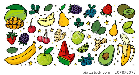 Doodle fruits. Summer apple, strawberry and cherry, orange, banana and blueberry, food. Sweet tropical vitamin products. Hand drawn avocado, watermelon and ginger. Vector cartoon icon isolated set Doodle fruits. Summer apple, strawberry and cherry, orange, banana and blueberry, food. Sweet tropical vitamin products. Hand drawn avocado, watermelon and ginger. Vector cartoon icon isolated set 107870073