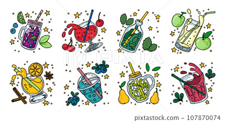 Bubble tea set. Boba beverage drinks in cups with ice, coffee or milk, dessert smoothie and juice, summer food. soda with fresh tropical fruits and berry. Doodle style drawing. Vector cartoon design Bubble tea set. Boba beverage drinks in cups with ice, coffee or milk, dessert smoothie and juice, summer food. soda with fresh tropical fruits and berry. Doodle style drawing. Vector cartoon design 107870074