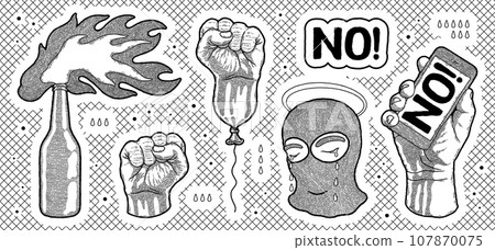 Protest sketch. Fist balloon. Revolution hand fight. Feminist power and victory. Activist strong punch. Human strength. Incendiary mixture bottle. Head in mask. No icon. Vector illustration signs set 107870075