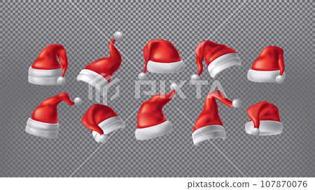 Santa Hats. Xmas claus cap, new year holiday red clothes with fur balls on transparent background. 3D cold winter accessory, christmas decor. Vector isolated exact decoration realistic elements set 107870076